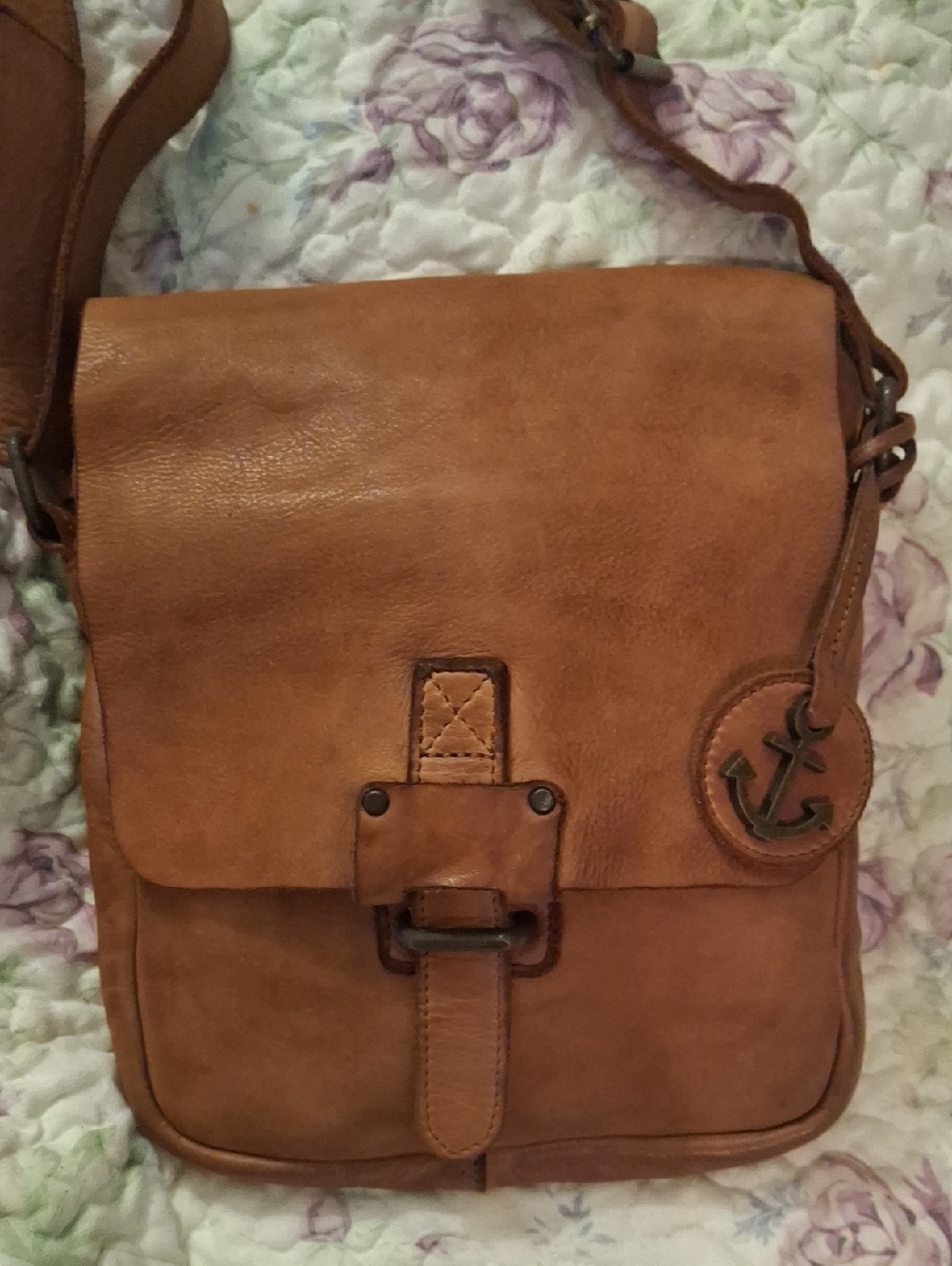 Brown 100% Genuine Leather Messenger Bag with Anchor Accent